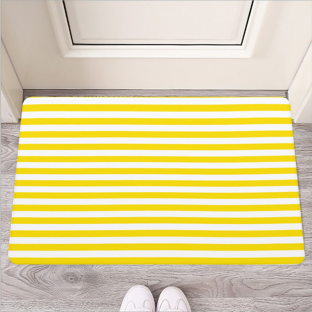 Yellow And White Striped Pattern Print Rubber Doormat