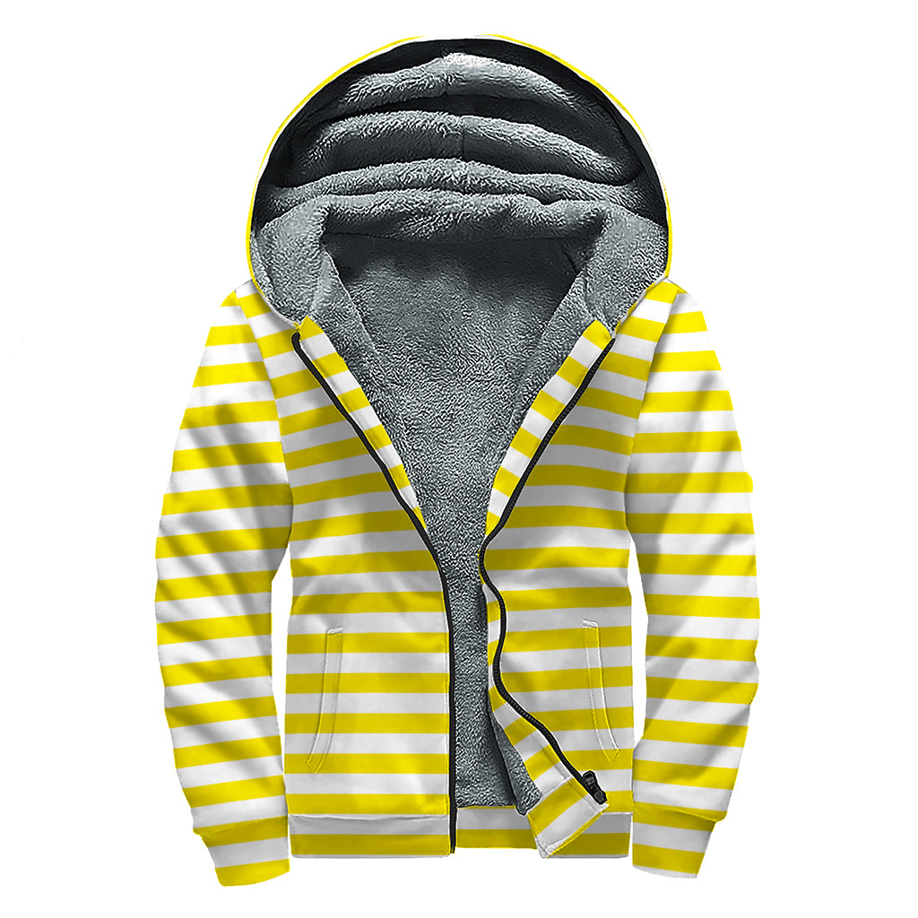 Yellow And White Striped Pattern Print Sherpa Lined Zip Up Hoodie
