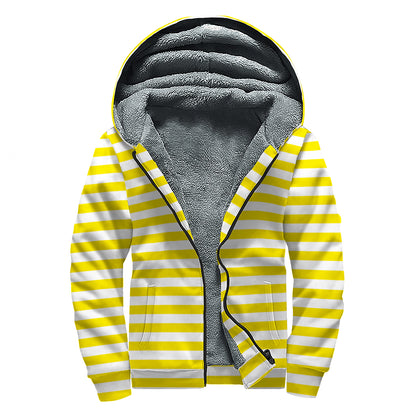Yellow And White Striped Pattern Print Sherpa Lined Zip Up Hoodie