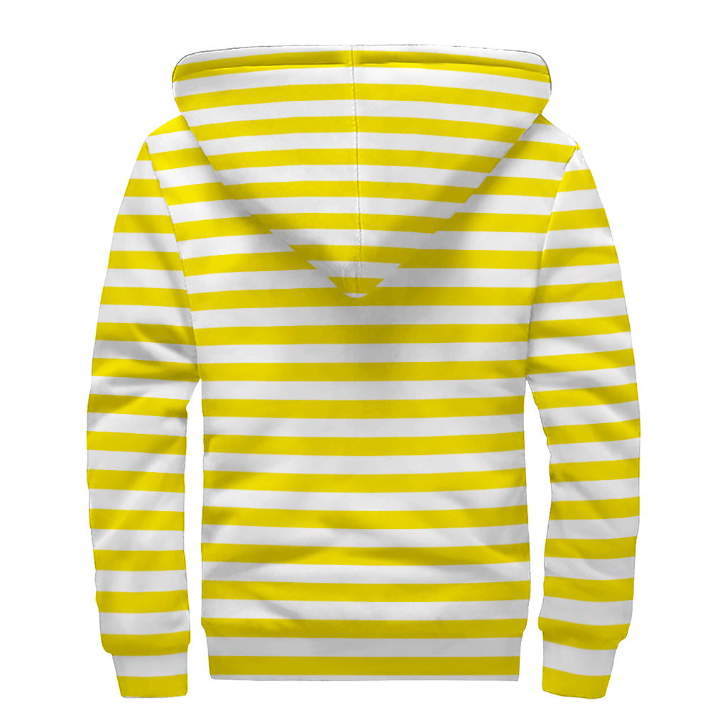 Yellow And White Striped Pattern Print Sherpa Lined Zip Up Hoodie