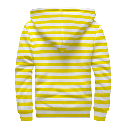 Yellow And White Striped Pattern Print Sherpa Lined Zip Up Hoodie