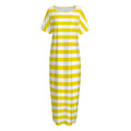 Yellow And White Striped Pattern Print Short Sleeve Long Nightdress