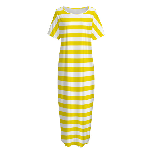 Yellow And White Striped Pattern Print Short Sleeve Long Nightdress