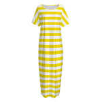 Yellow And White Striped Pattern Print Short Sleeve Long Nightdress