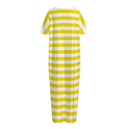 Yellow And White Striped Pattern Print Short Sleeve Long Nightdress