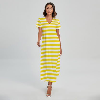 Yellow And White Striped Pattern Print Short Sleeve Maxi Dress