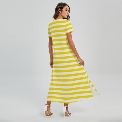 Yellow And White Striped Pattern Print Short Sleeve Maxi Dress