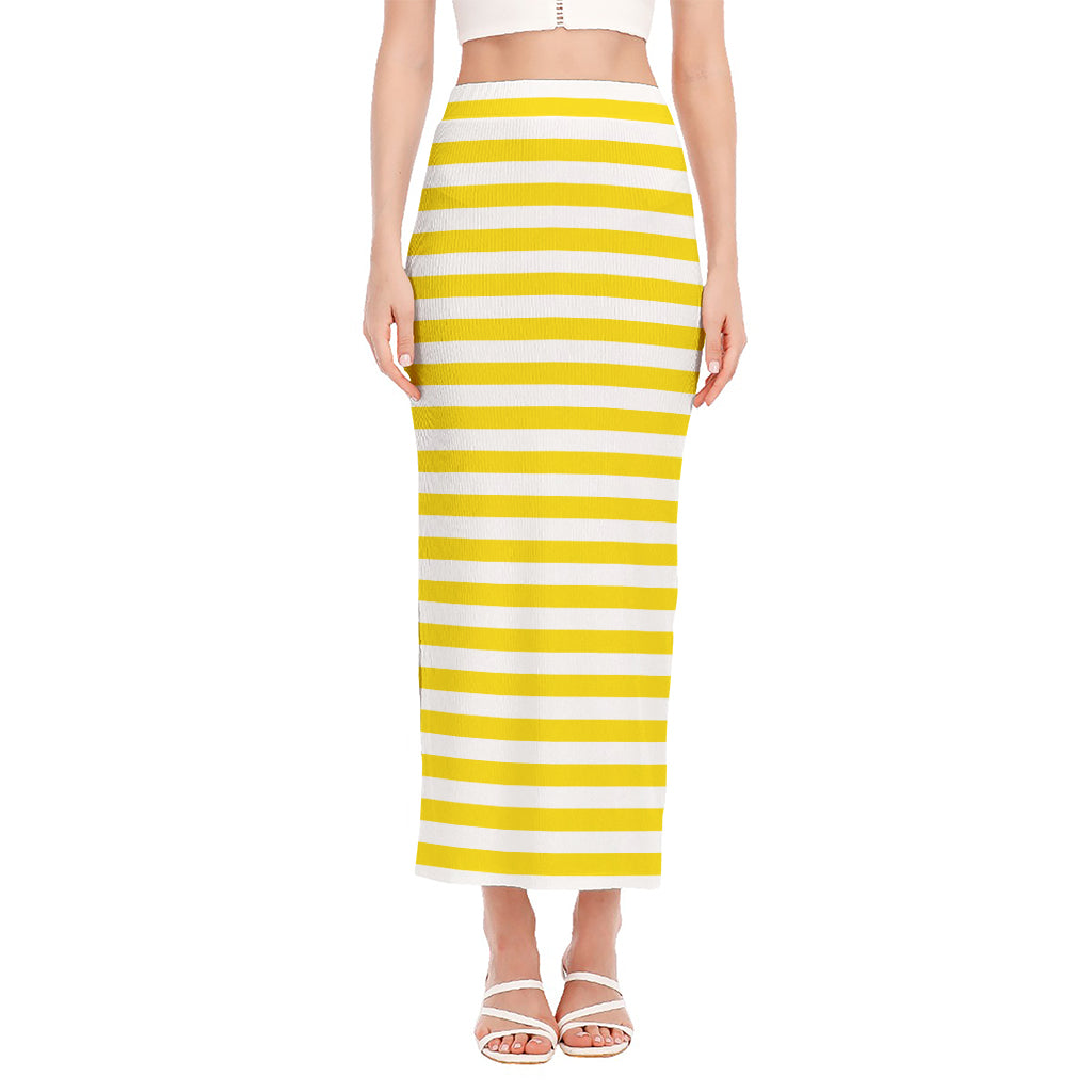 Yellow And White Striped Pattern Print Side Slit Maxi Skirt