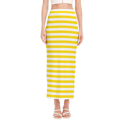 Yellow And White Striped Pattern Print Side Slit Maxi Skirt