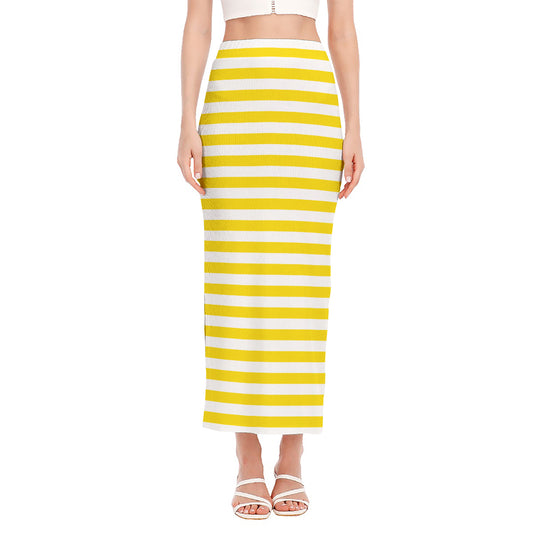 Yellow And White Striped Pattern Print Side Slit Maxi Skirt