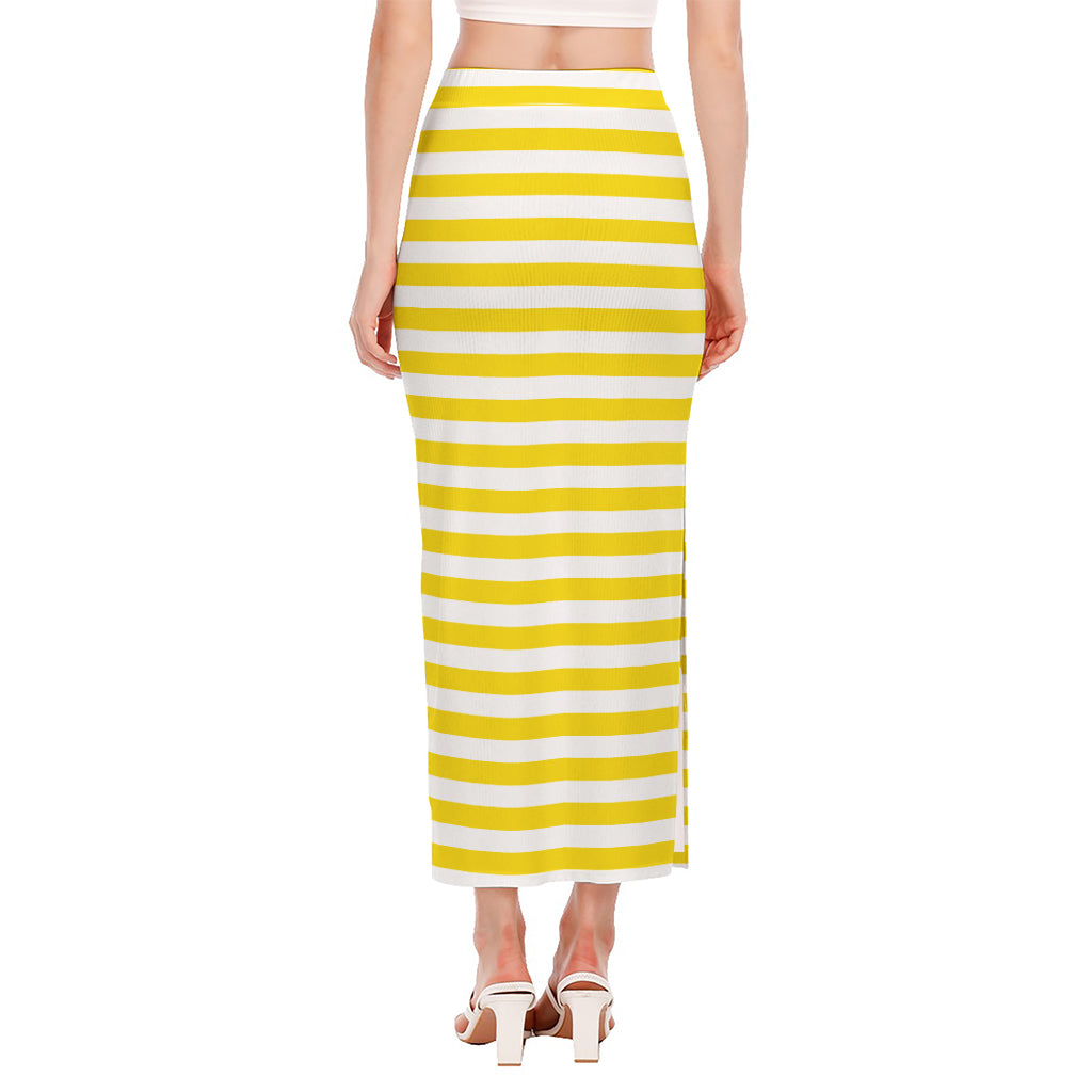 Yellow And White Striped Pattern Print Side Slit Maxi Skirt