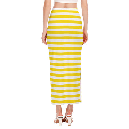 Yellow And White Striped Pattern Print Side Slit Maxi Skirt