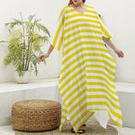 Yellow And White Striped Pattern Print Silk V-Neck Kaftan Dress