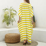 Yellow And White Striped Pattern Print Silk V-Neck Kaftan Dress