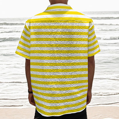 Yellow And White Striped Pattern Print Textured Short Sleeve Shirt