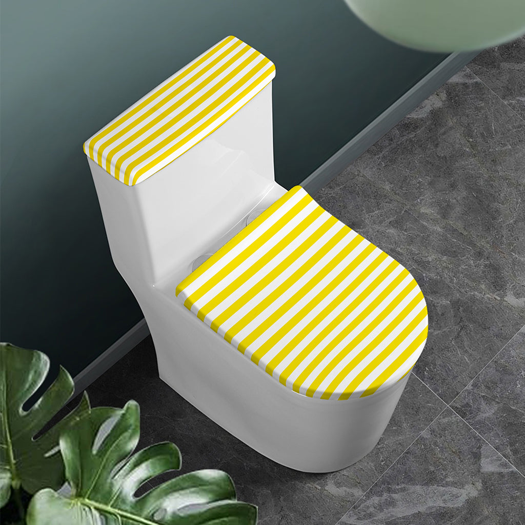 Yellow And White Striped Pattern Print Toilet Lid And Tank Cover Set