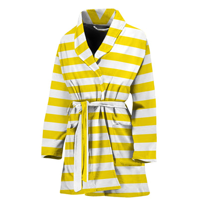 Yellow And White Striped Pattern Print Women's Bathrobe