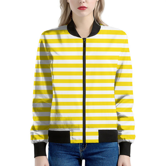 Yellow And White Striped Pattern Print Women's Bomber Jacket