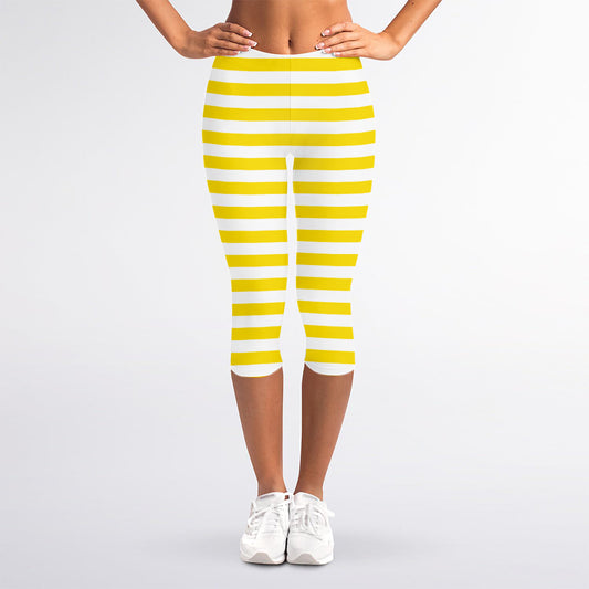 Yellow And White Striped Pattern Print Women's Capri Leggings