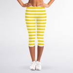 Yellow And White Striped Pattern Print Women's Capri Leggings