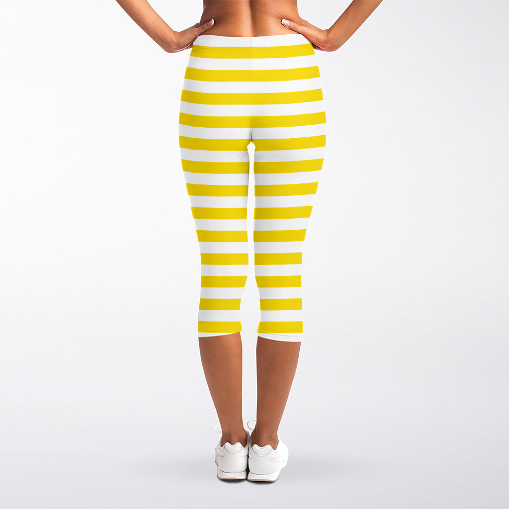 Yellow And White Striped Pattern Print Women's Capri Leggings