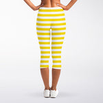 Yellow And White Striped Pattern Print Women's Capri Leggings