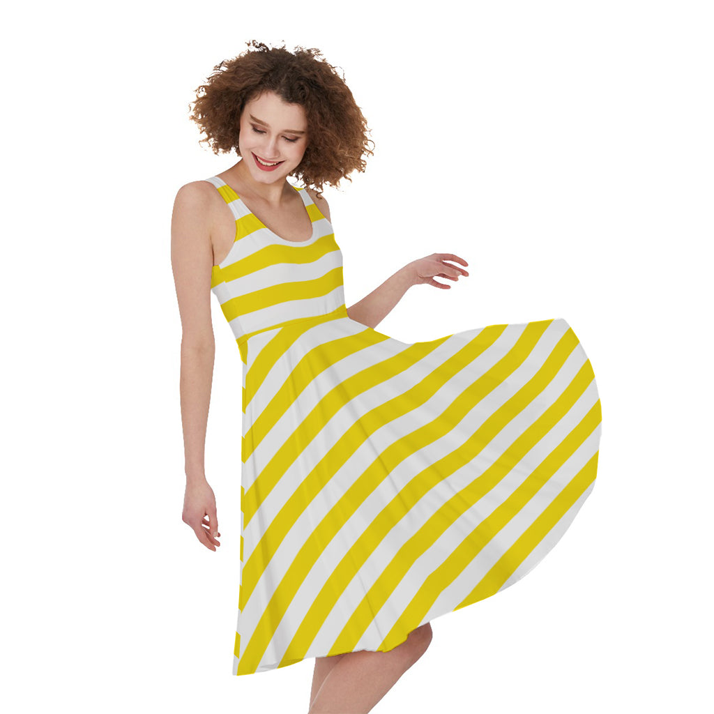 Yellow And White Striped Pattern Print Women's Sleeveless Dress