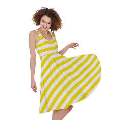 Yellow And White Striped Pattern Print Women's Sleeveless Dress