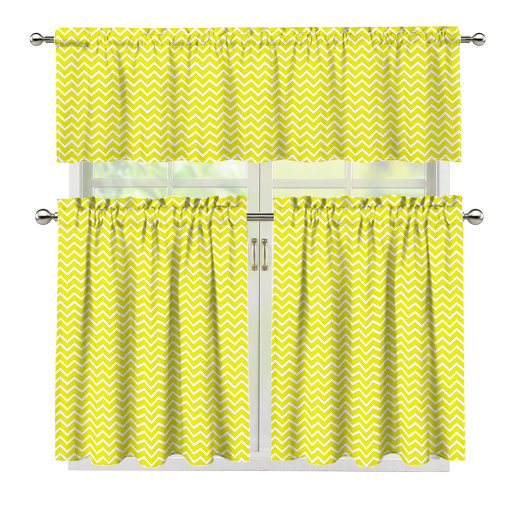 Yellow And White Zigzag Pattern Print 3 Piece Kitchen Curtains