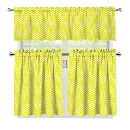 Yellow And White Zigzag Pattern Print 3 Piece Kitchen Curtains