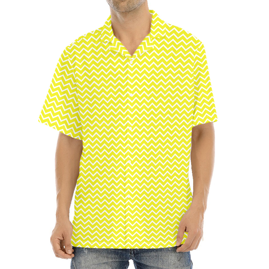 Yellow And White Zigzag Pattern Print Aloha Shirt