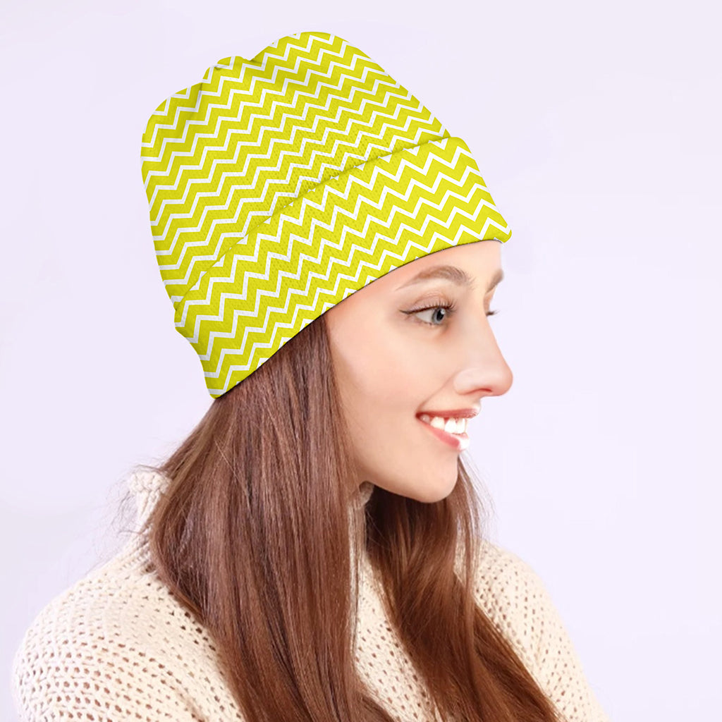 Yellow And White Zigzag Pattern Print Beanie