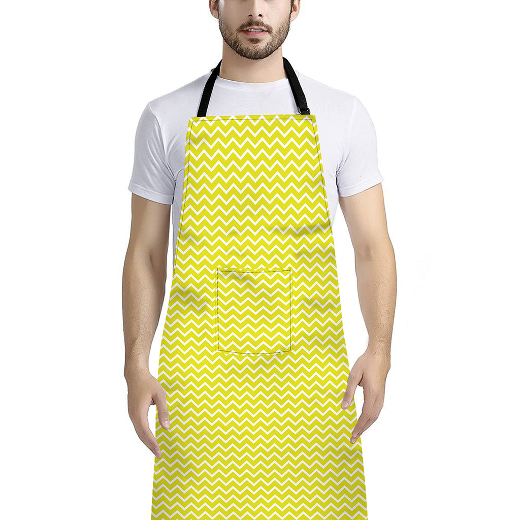 Yellow And White Zigzag Pattern Print Bib Apron With Pocket
