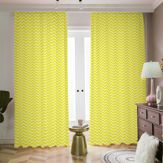 Yellow And White Zigzag Pattern Print Blackout Pencil Pleat Curtains