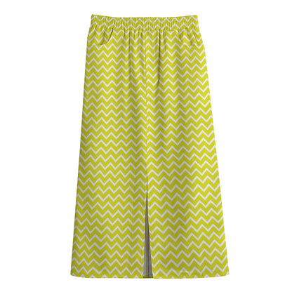 Yellow And White Zigzag Pattern Print Cotton Front Slit Maxi Skirt