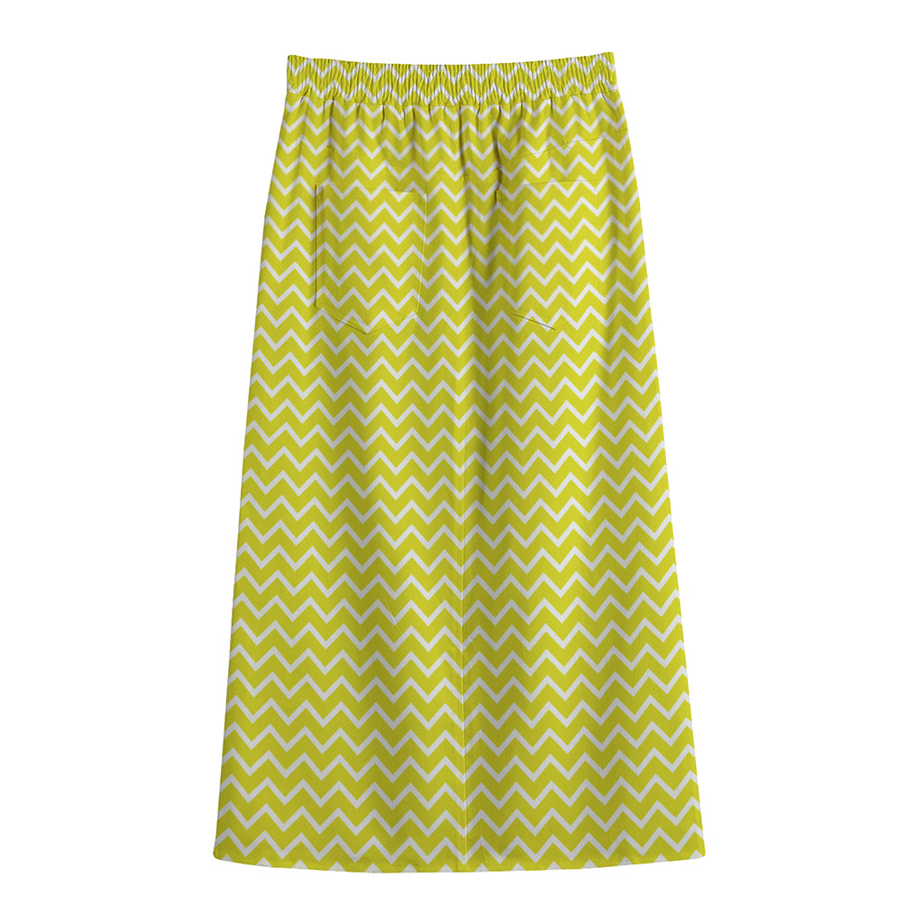 Yellow And White Zigzag Pattern Print Cotton Front Slit Maxi Skirt