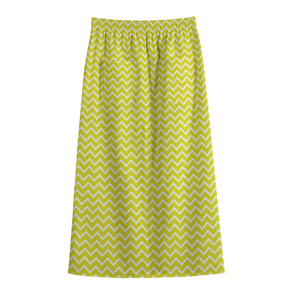 Yellow And White Zigzag Pattern Print Cotton Front Slit Maxi Skirt