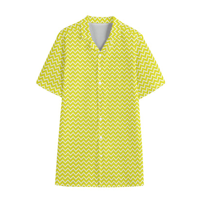 Yellow And White Zigzag Pattern Print Cotton Hawaiian Shirt