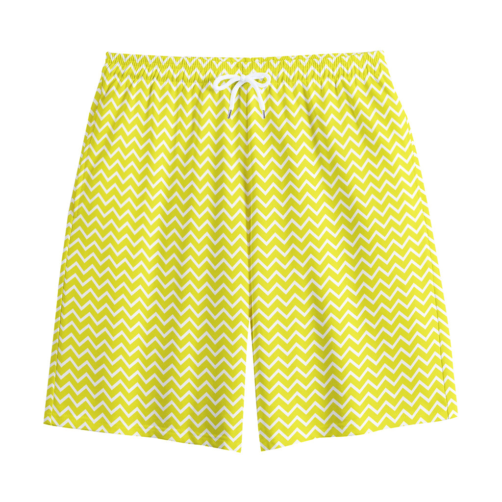 Yellow And White Zigzag Pattern Print Cotton Shorts