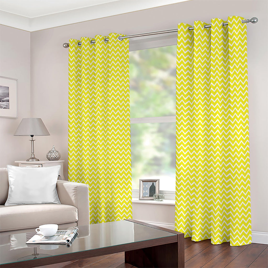 Yellow And White Zigzag Pattern Print Extra Wide Grommet Curtains
