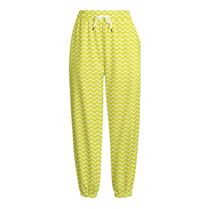 Yellow And White Zigzag Pattern Print Fleece Lined Knit Pants