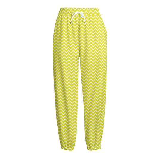 Yellow And White Zigzag Pattern Print Fleece Lined Knit Pants