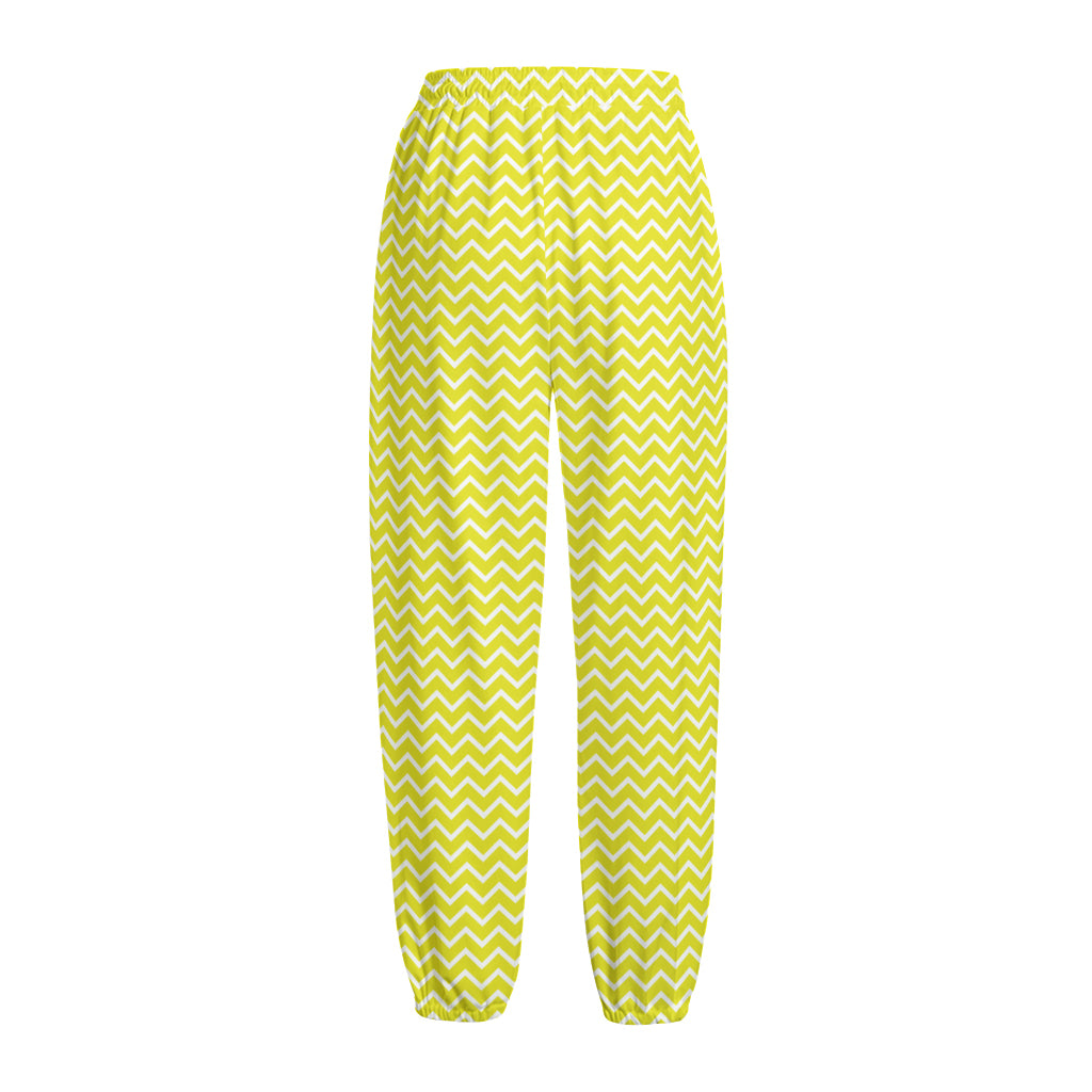 Yellow And White Zigzag Pattern Print Fleece Lined Knit Pants