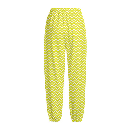 Yellow And White Zigzag Pattern Print Fleece Lined Knit Pants