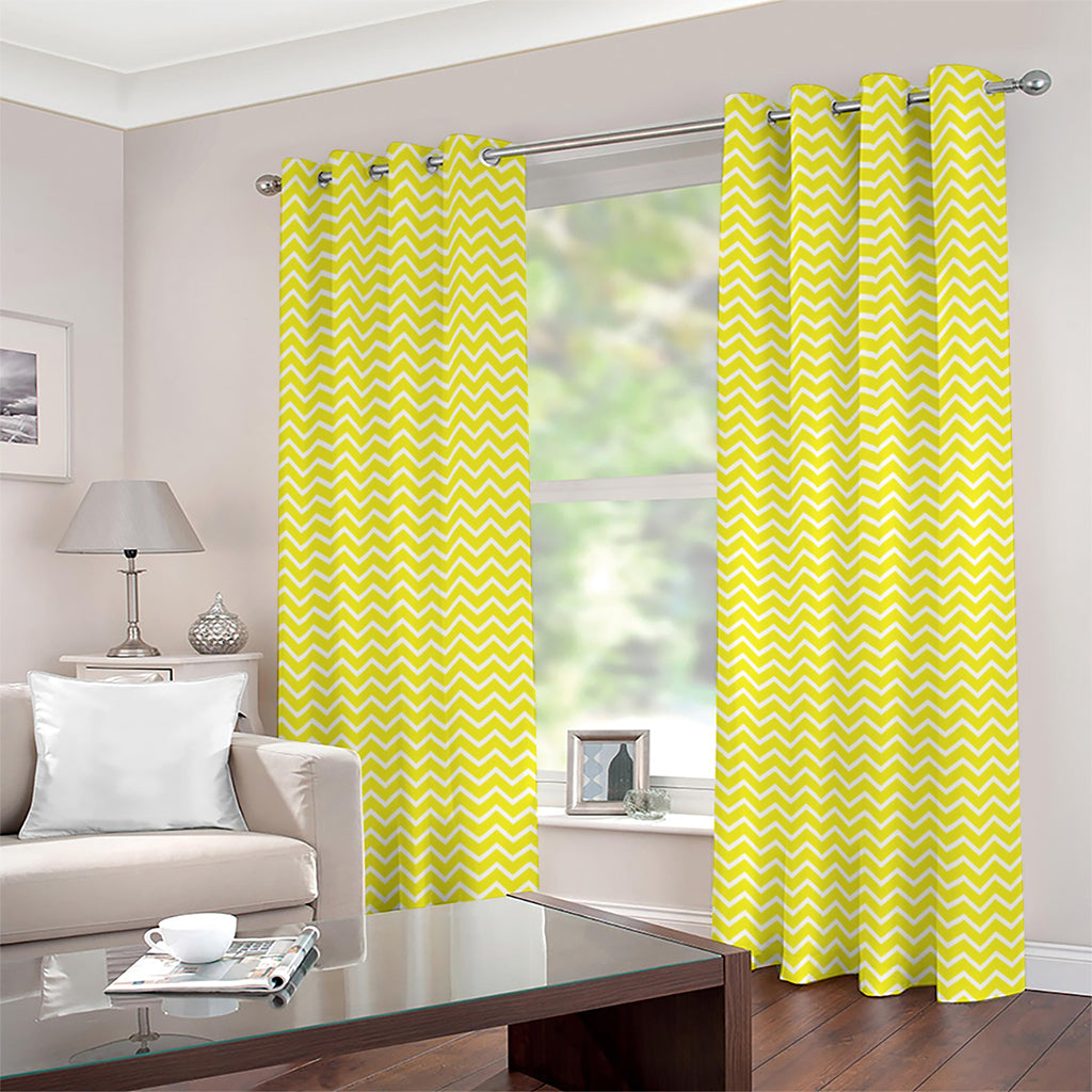 Yellow And White Zigzag Pattern Print Grommet Curtains