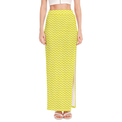 Yellow And White Zigzag Pattern Print High Slit Maxi Skirt