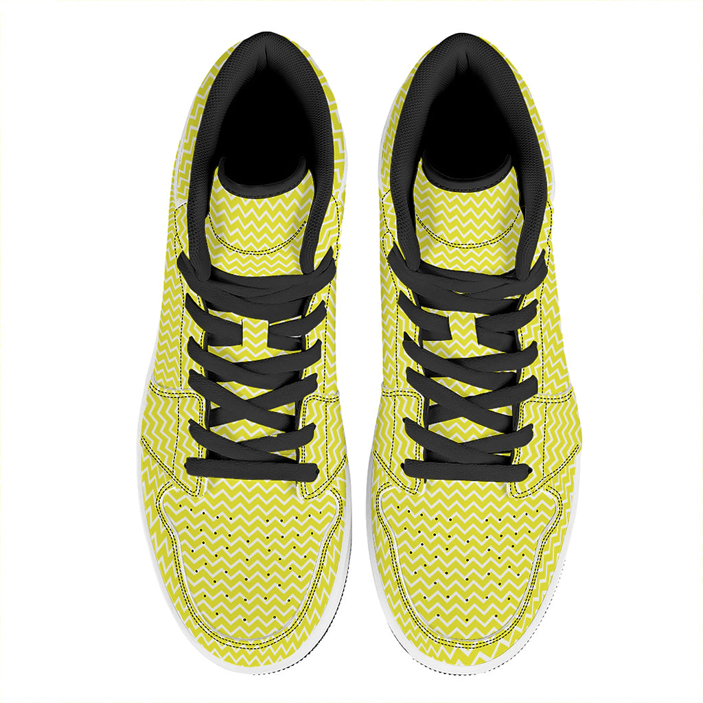 Yellow And White Zigzag Pattern Print High Top Leather Sneakers