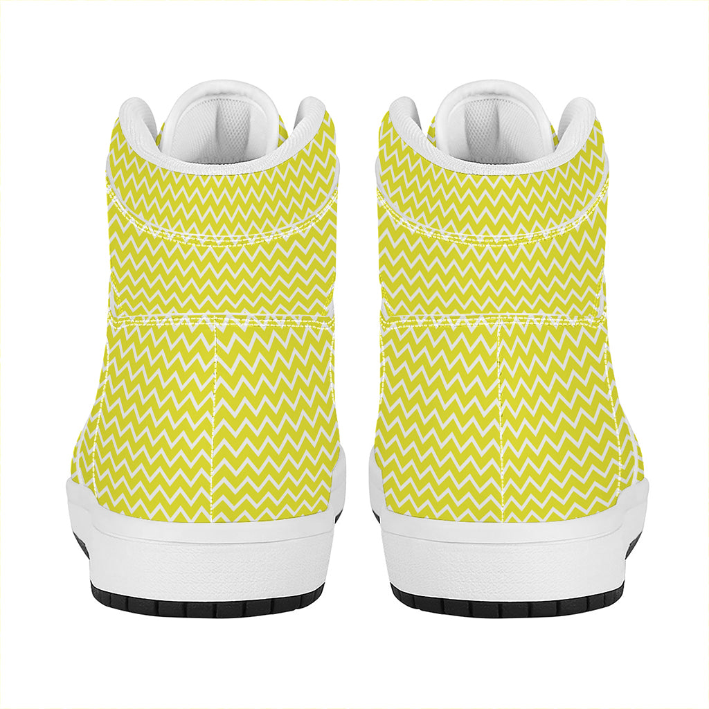 Yellow And White Zigzag Pattern Print High Top Leather Sneakers