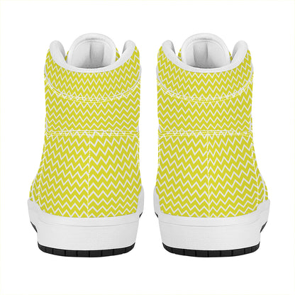 Yellow And White Zigzag Pattern Print High Top Leather Sneakers