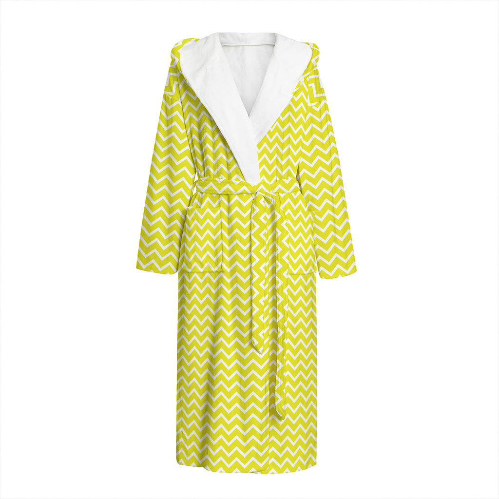 Yellow And White Zigzag Pattern Print Hooded Bathrobe